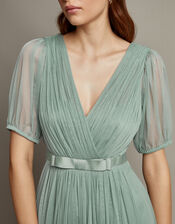 Ellie Sheer Sleeve Plunge Tulle Maxi Dress, Green (SAGE), large