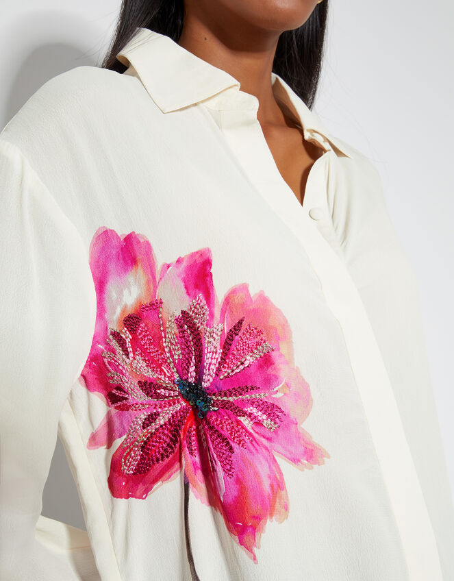 Fleur Embroidered Flower Shirt, Ivory (IVORY), large