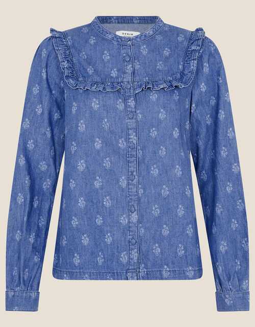 Laser Print Denim Shirt in Sustainable Cotton, Blue (BLUE), large