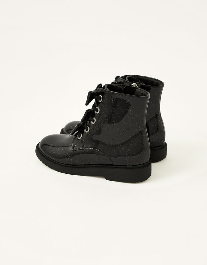 Glittery Bow Lace-Up Boots, Black (BLACK), large