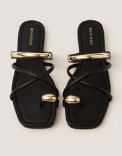 Metal Detail Toe Strap Sandals, Black (BLACK), large