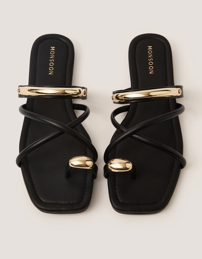 Metal Detail Toe Strap Sandals, Black (BLACK), large