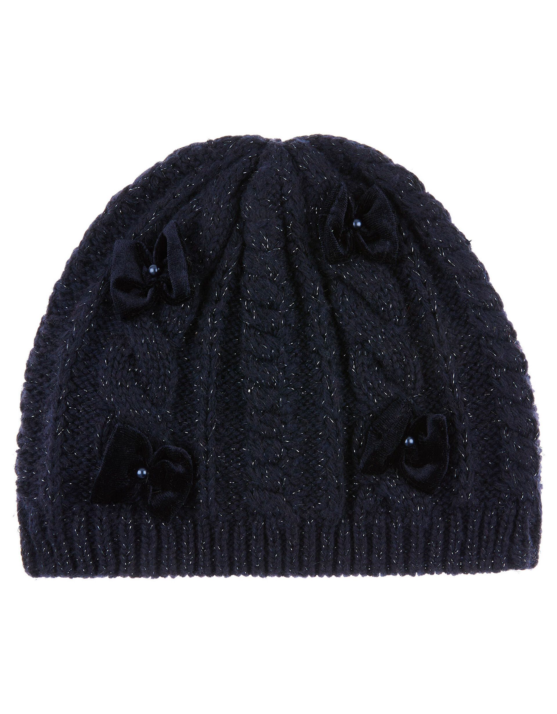 Sparkle Bow Knit Beanie with Recycled Fabric, Blue (NAVY), large