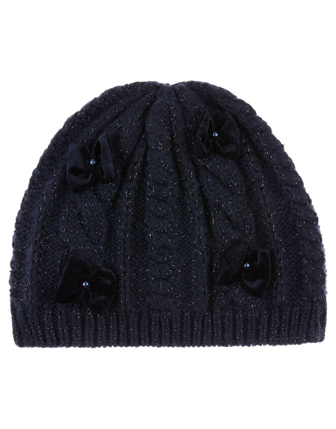 Sparkle Bow Knit Beanie with Recycled Fabric, Blue (NAVY), large