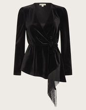 Flossie Velvet Fringe Wrap Top, Black (BLACK), large