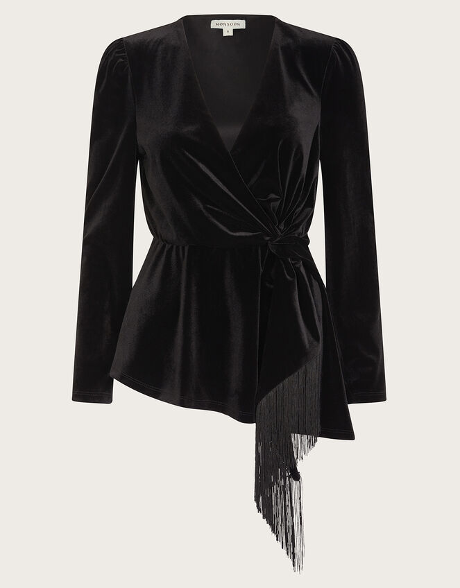 Flossie Velvet Fringe Wrap Top, Black (BLACK), large