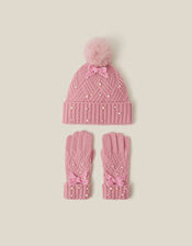 Pearl Cable Knit Bobble Hat & Gloves Set, Pink (PINK), large