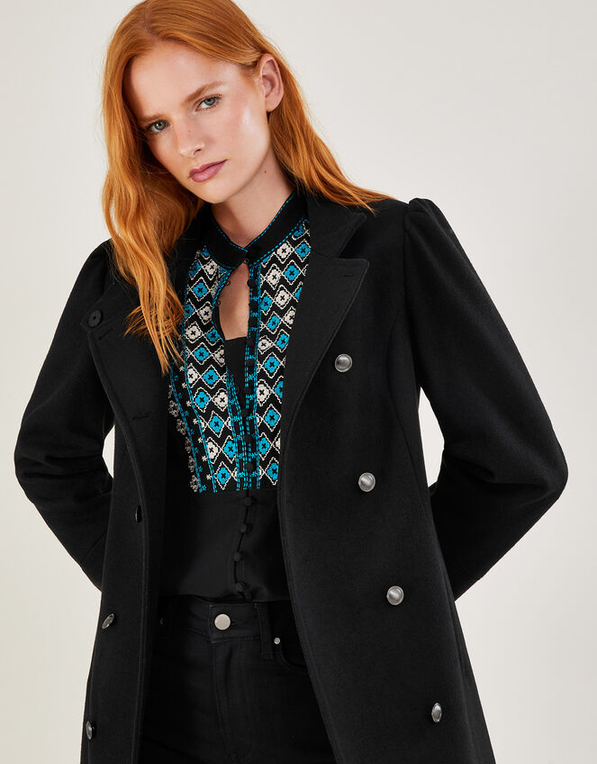 Diana Military Wool Pea Coat with Recycled Polyester, Black (BLACK), large