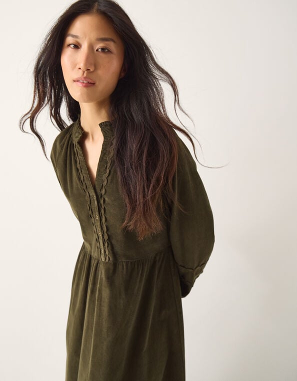 Zola Ric Rac Corduroy Midi Dress, Green (KHAKI), large