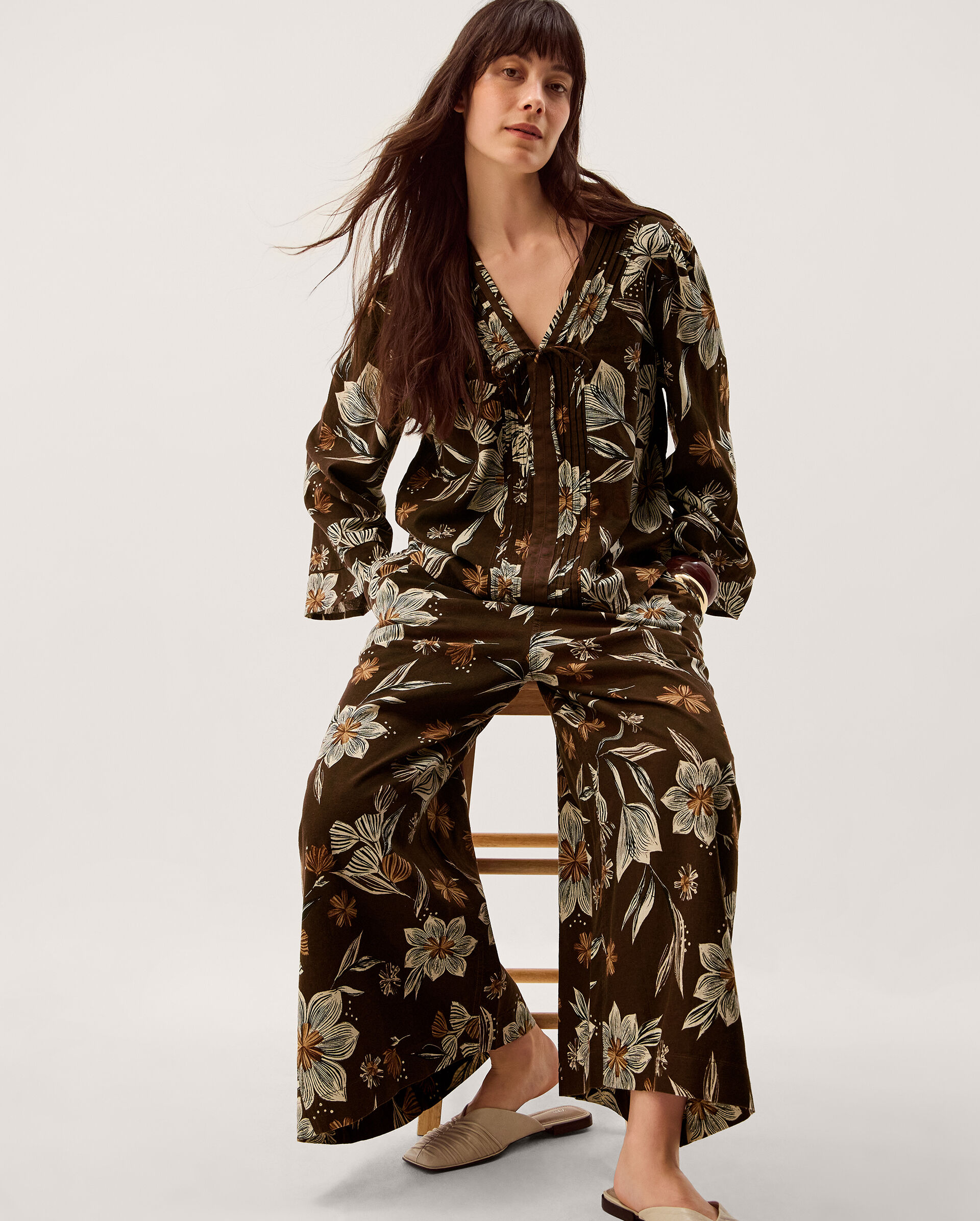 Esther Floral Linen Blend Wide Leg Trousers Brown