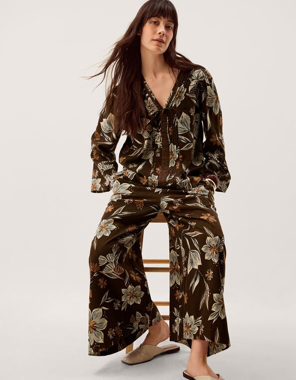 Esther Floral Linen Blend Wide Leg Trousers, Brown (CHOCOLATE), large