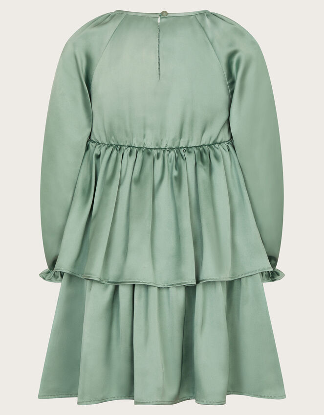 Long Sleeve Smocked Satin Dress, Green (GREEN), large