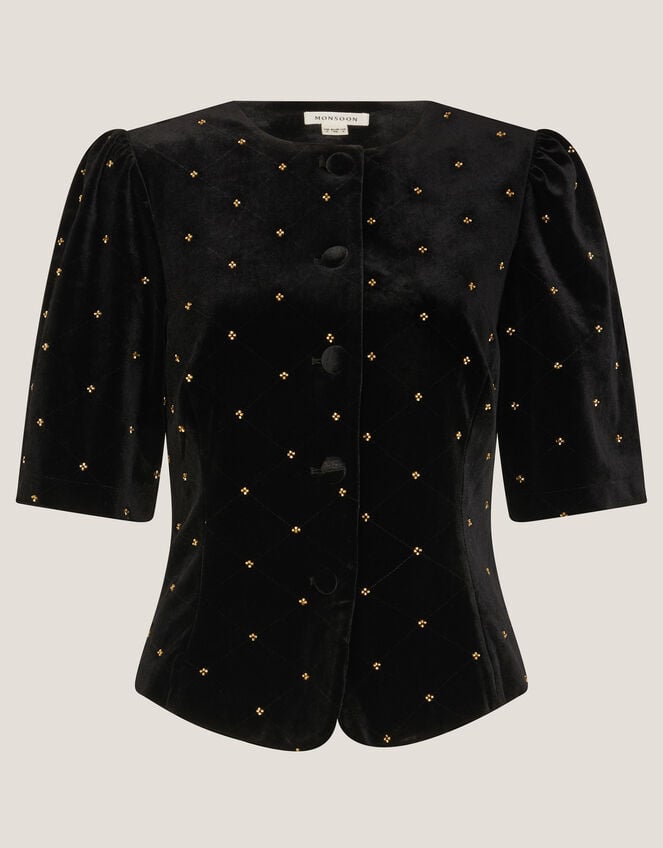 Emma Embellished Velvet Button Top, Black (BLACK), large
