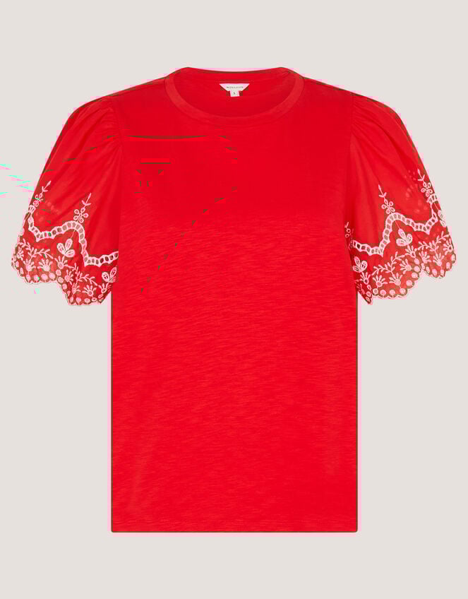 Bree Broderie Sleeve Jersey T-Shirt, Red (RED), large