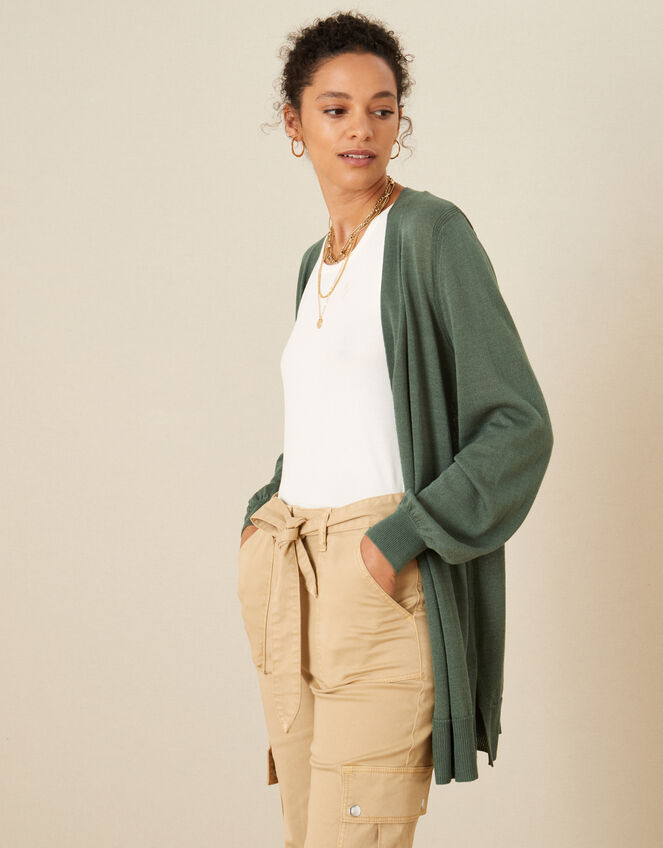 Longline Cardigan in Linen Blend, Green (KHAKI), large