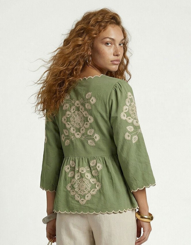 Raffya Aubrey Embroidered Tunic Blouse, Green (GREEN), large