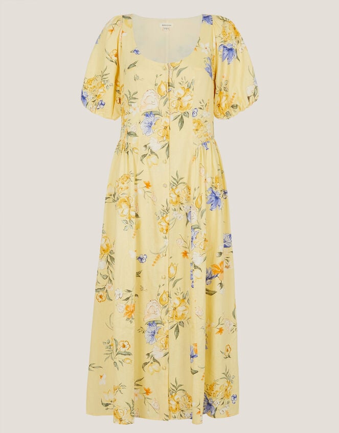 Etta Floral Linen Blend Midi Dress, Yellow (YELLOW), large