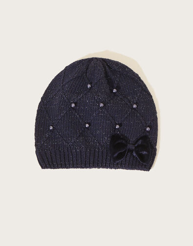 Bow Pearly Knit Beanie Hat Blue, Blue (NAVY), large