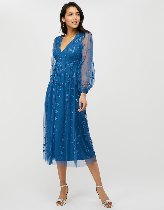 Lucinda Sustainable Embroidered Midi Dress Blue | Evening Dresses ...