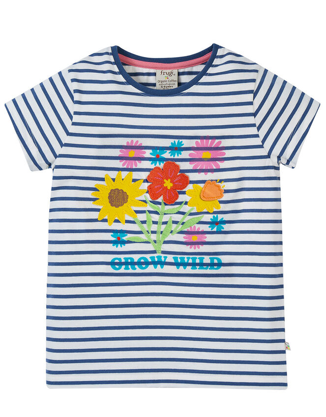 Frugi Embroidered Stripe T-Shirt, Blue (NAVY), large