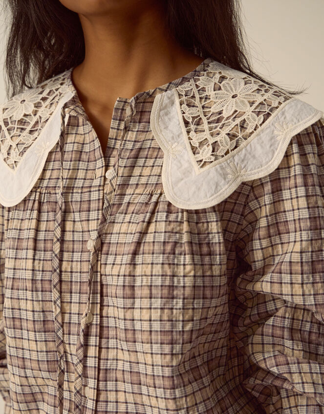 Thea Lace Collar Check Shirt, Brown (BROWN), large