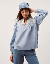 Erica V-Neck Embroidered Blouse, Blue (BLUE), large