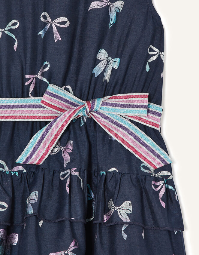 Foil Bow Print Dress with Recycled Polyester, Blue (NAVY), large