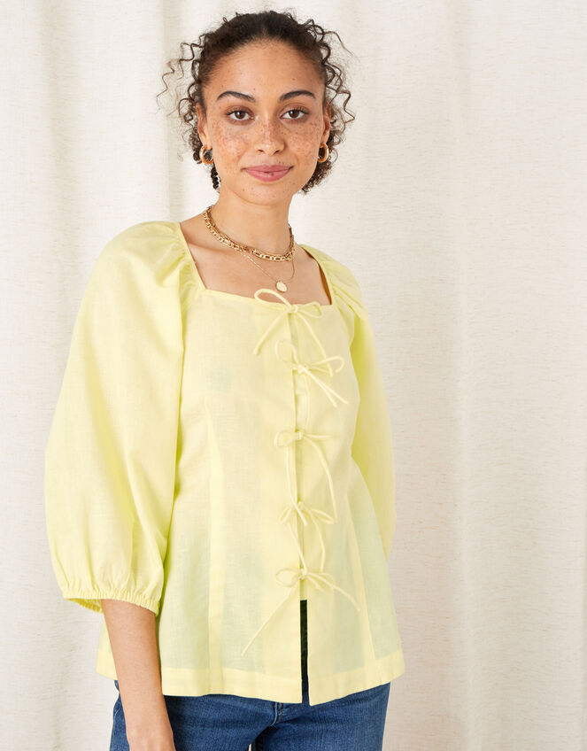 Tie Front Blouse in Linen Blend, Yellow (YELLOW), large