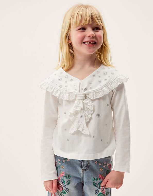 Embellished Broderie Sailor Collar Top, Ivory (IVORY), large