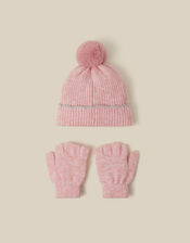 Scallop Beanie Hat & Fingerless Gloves Set, Pink (PINK), large