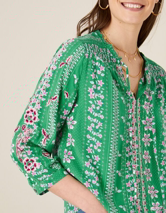 Floral Tie Neck Blouse, Green (GREEN), large
