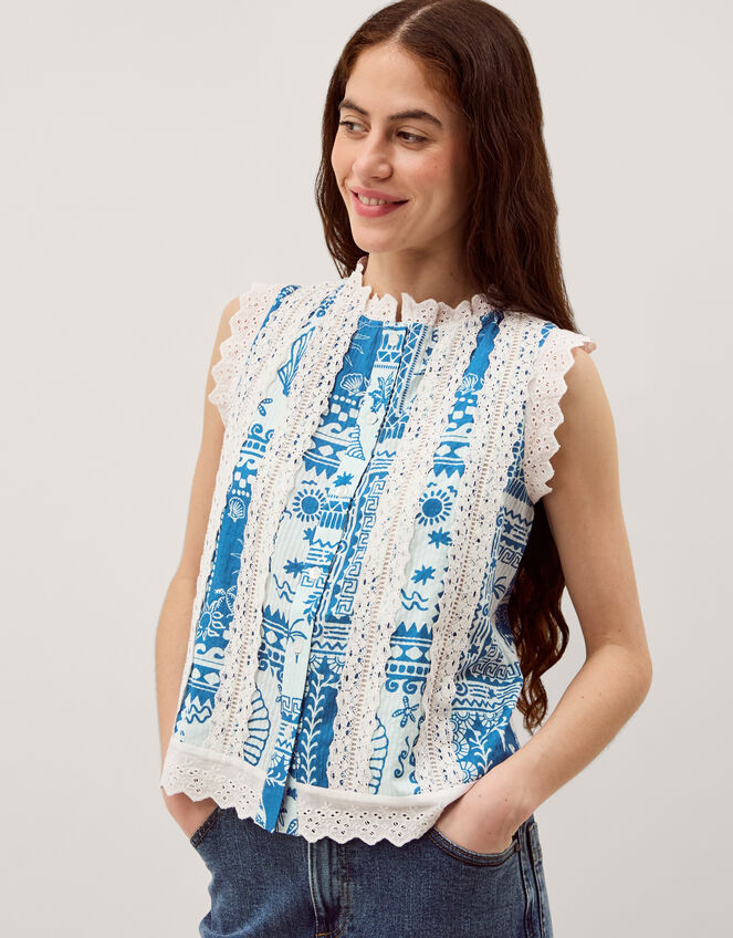 Soleil Print Lace Tank Top Blue