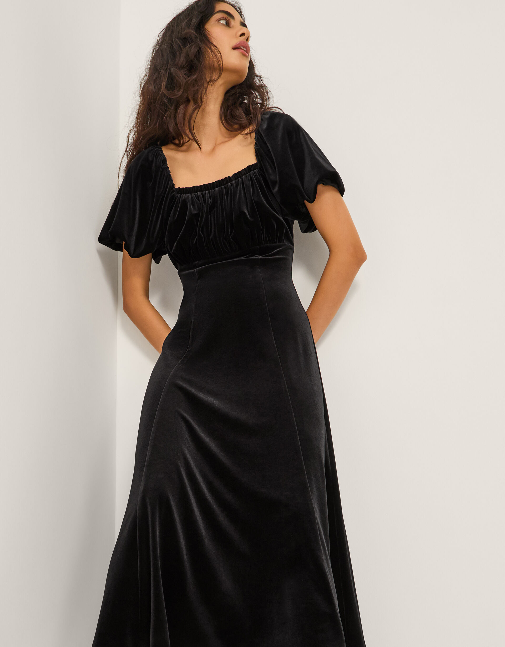 Cynthia Puff Sleeve Velvet Midi Dress Black