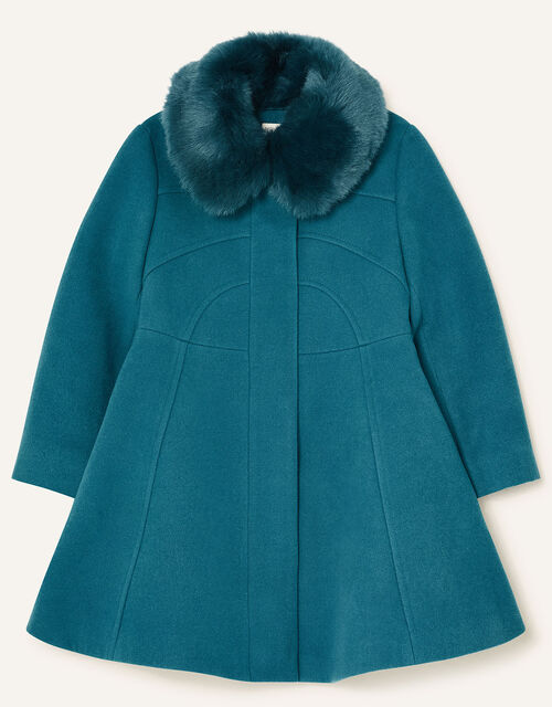 Faux Fur Collar Skirted Coat, Teal (TEAL), large