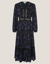 Kelly Floral Print Embellished Midi Dress , Blue (MIDNIGHT), large