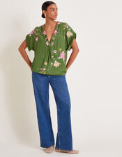 Alice Floral Embroidered V-Neck Blouse, Green (GREEN), large