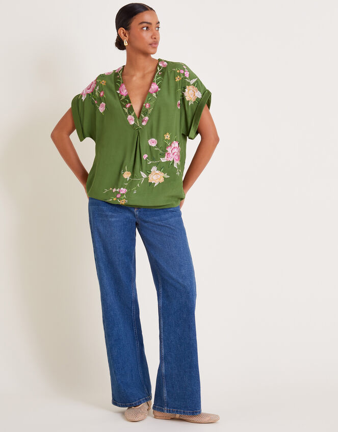 Alice Floral Embroidered V-Neck Blouse, Green (GREEN), large