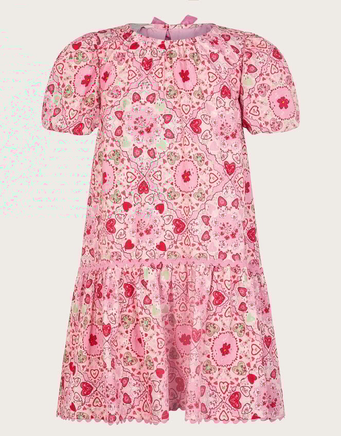 Heart Print Puff Sleeve Dress, Pink (PINK), large
