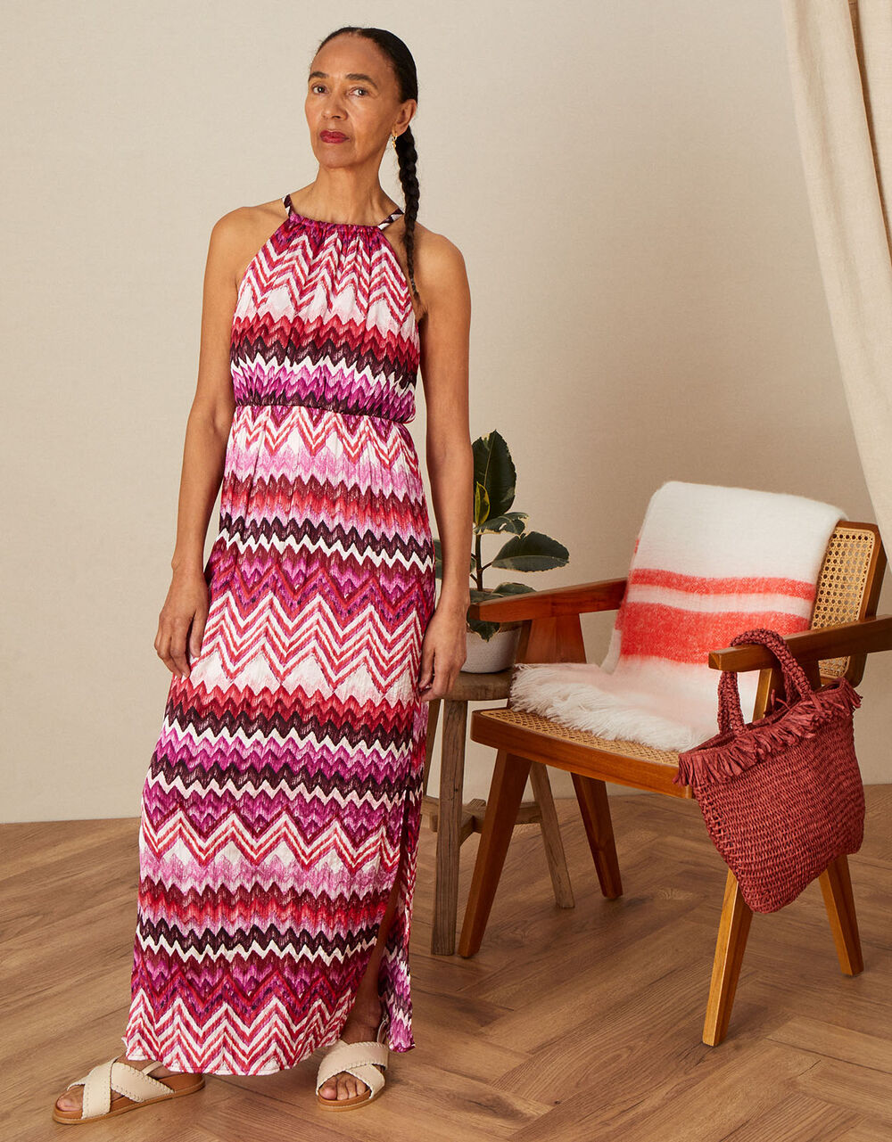 Women Dresses | Printed Crinkle Maxi Dress with Recycled Polyester Pink - DP16461