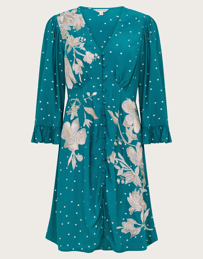 Clea Polka Dot Embroidered Dress, Teal (TEAL), large
