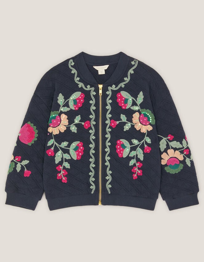 Floral Embroidered Quilted Bomber Jacket, Blue (NAVY), large