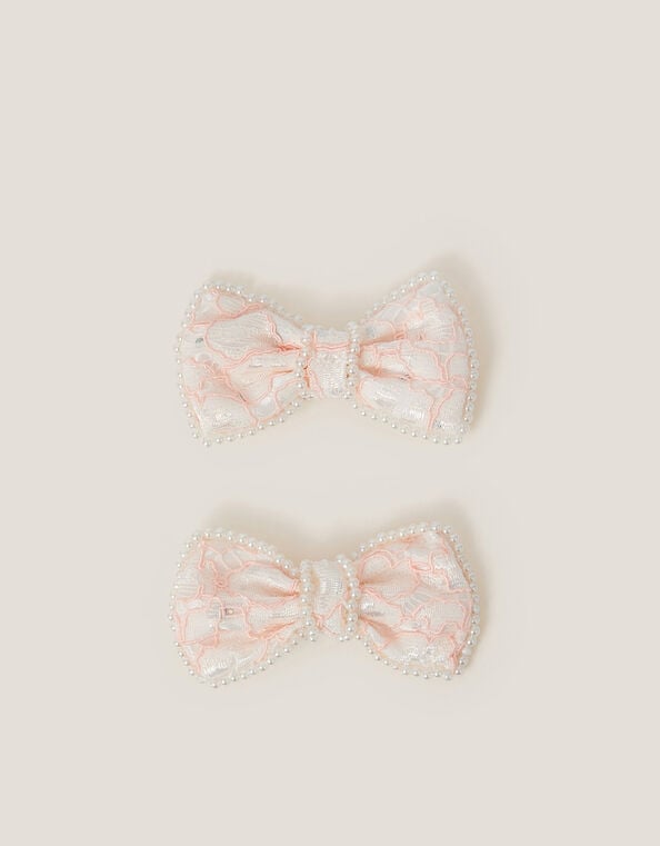 2-Pack Pearly Lace Bow Hair Clips, Pink (PINK), large