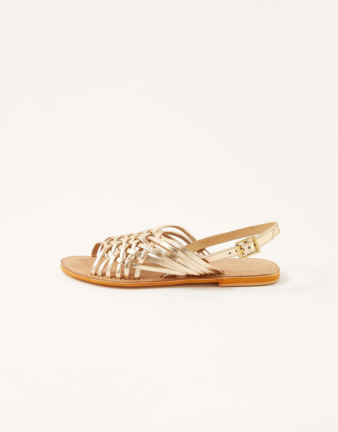 Metallic Weave Leather Sandals, Gold (GOLD), large