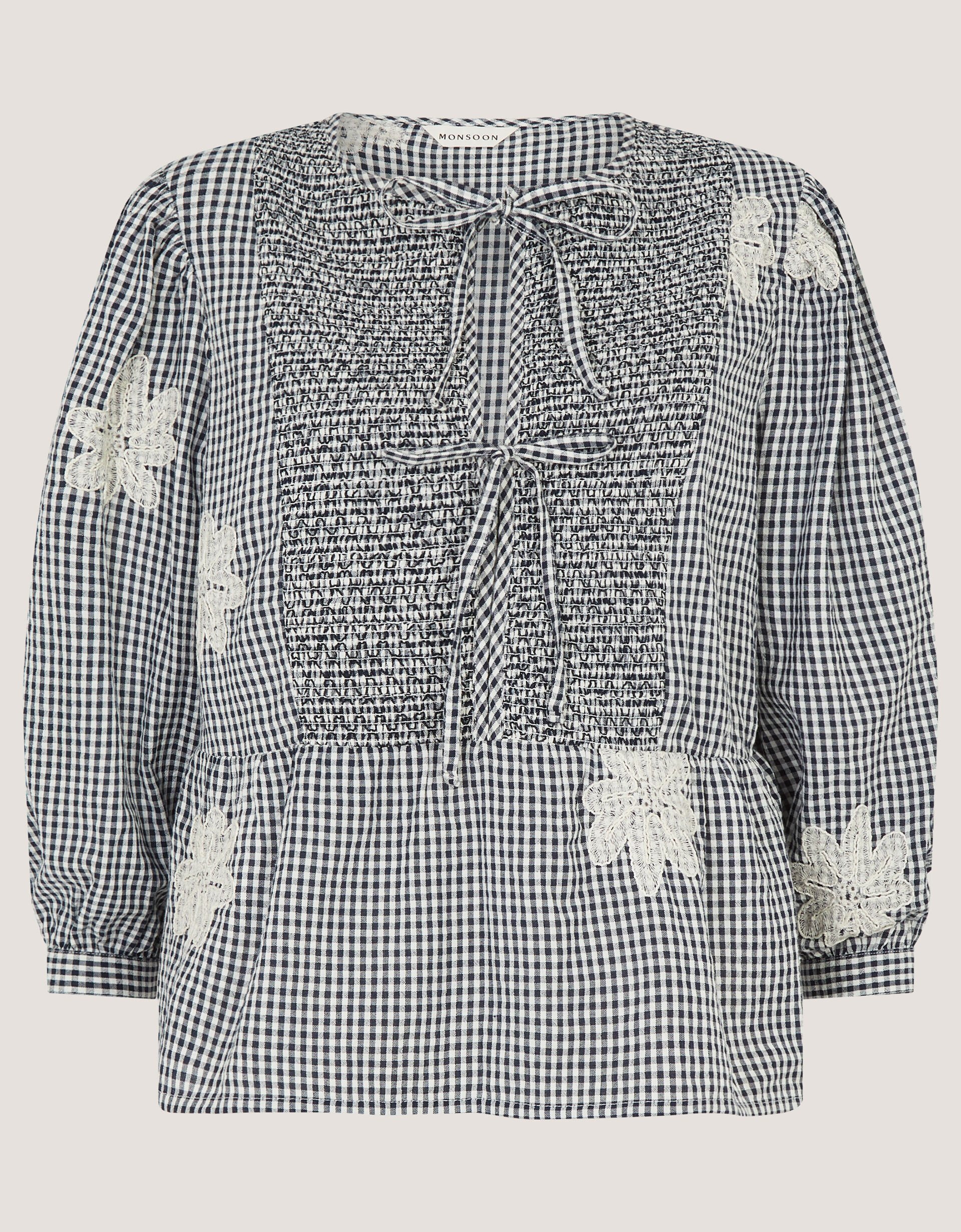 Mimi Embroidered Gingham Top, Black (BLACK), large