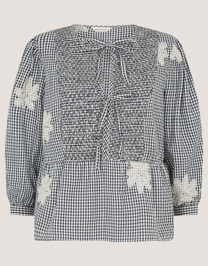 Mimi Embroidered Gingham Top, Black (BLACK), large