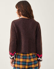 Monsoon x Sarah Corbett-Winder Swan Fair Isle Cardigan, Brown (CHOCOLATE), large