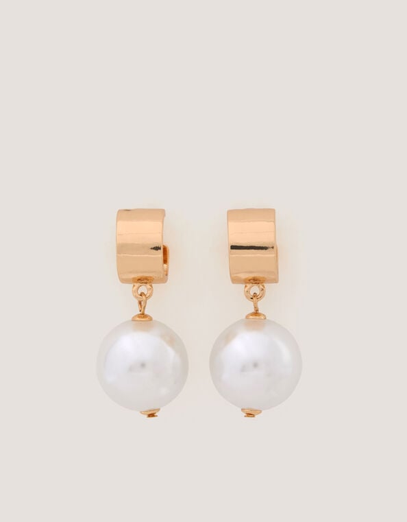Chunky Pearl Drop Hoop Earrings, , large