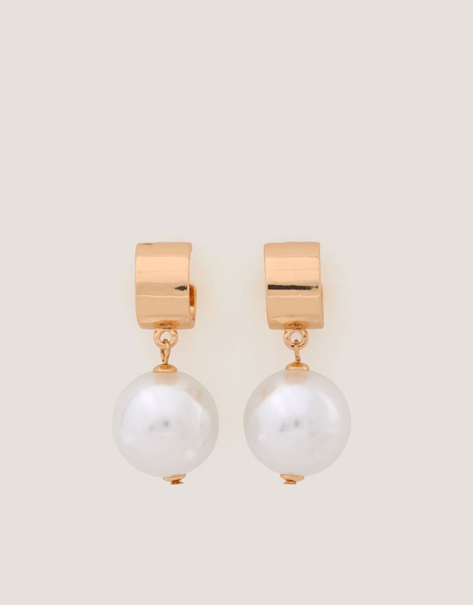 Chunky Pearl Drop Hoop Earrings, , large