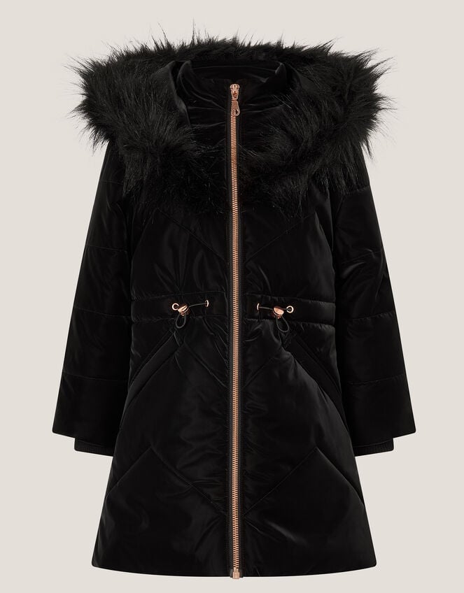 Faux Fur Hood Padded Coat, Black (BLACK), large