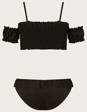 Shirred Cold-Shoulder Bikini with Recycled Polyester, Black (BLACK), large